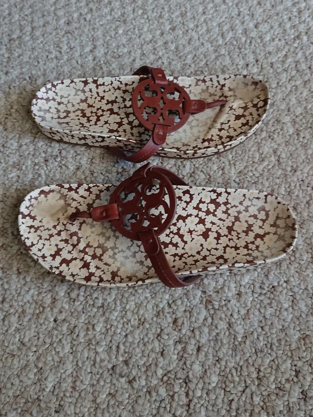 Tory Burch Miller Cloud leather sandals in a burnt cuoio floral print size 9.5